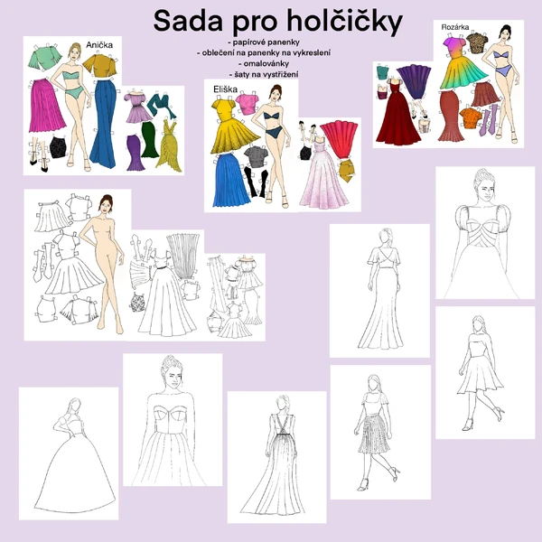 Sada pro holčičky - panenky, omalovánky, šaty k vystřižení, 16 listů