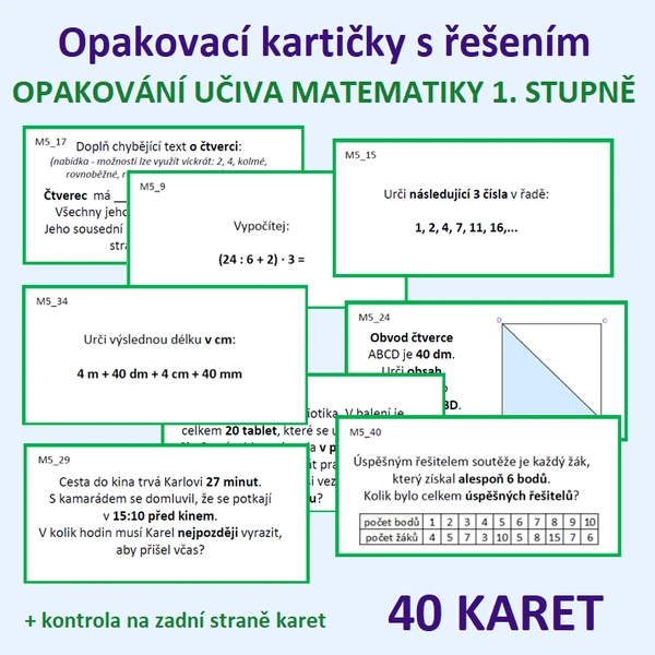 Opakovací kartičky s řešením - OPAKOVÁNÍ UČIVA MATEMATIKY Z 1. STUPNĚ 