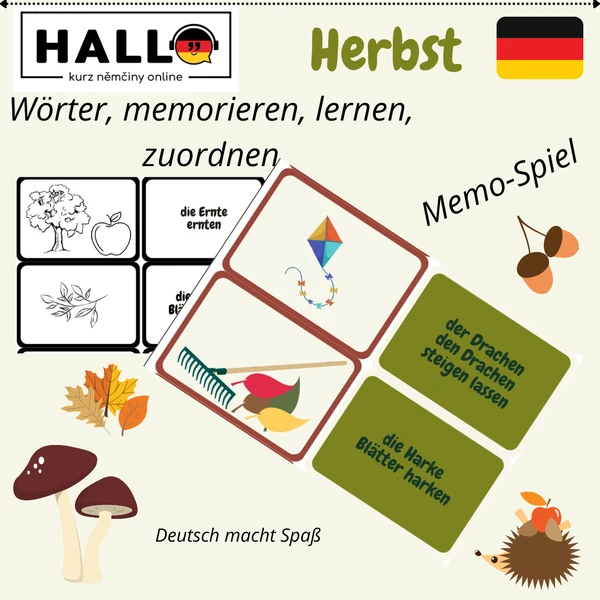 Herbst Memo-Spiel, Karten, Vokabeln