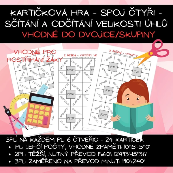 Kartičková hra - spoj čtyři - sčítání a odčítání velikosti úhlů