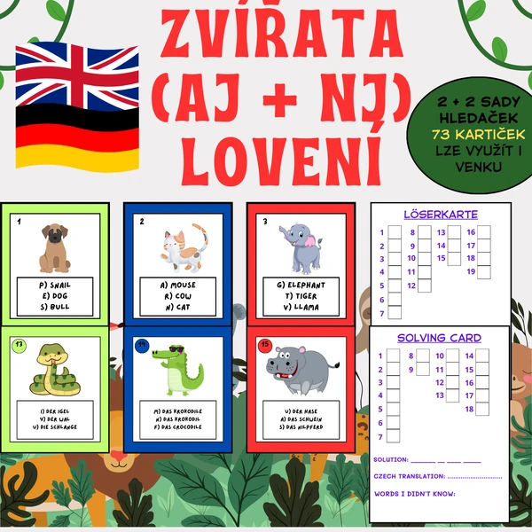 hra na LOVCE ZVÍŘAT - v NJ a AJ / 4 sady / 73 karet