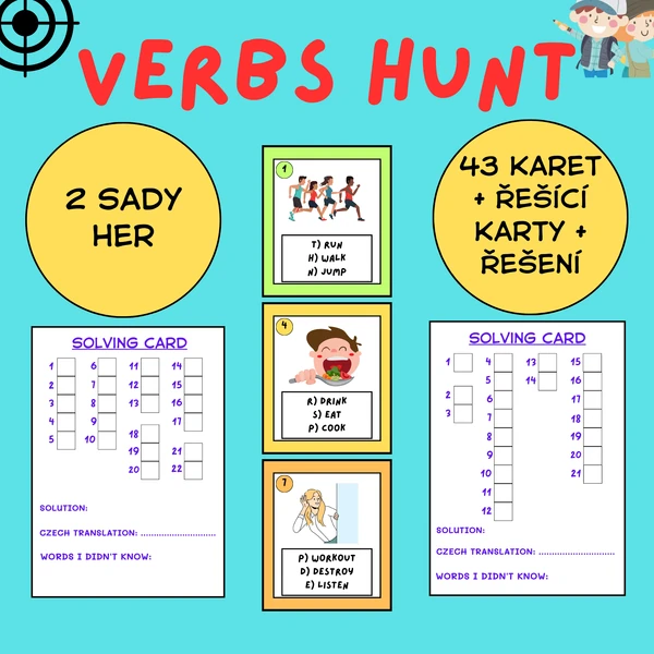 VERBS HUNT - 2 SADY HLEDAČEK na slovesa