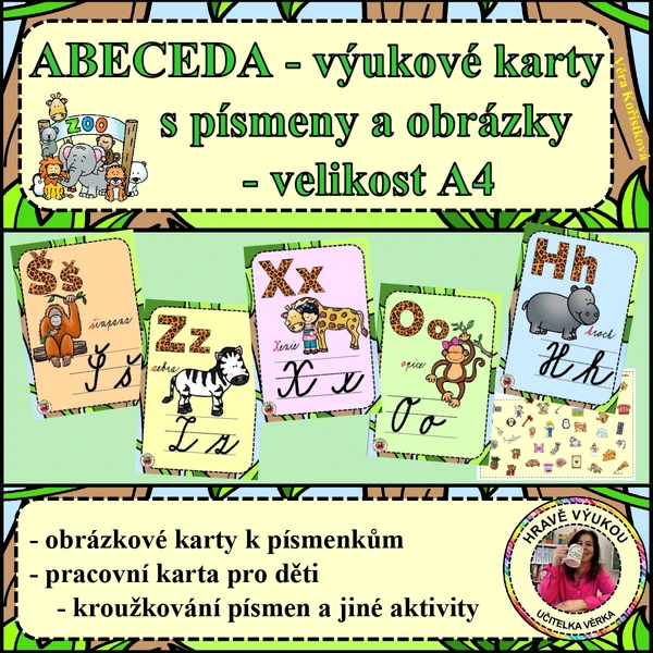 ABECEDA – ZOO – výukové karty s písmeny a obrázky A4