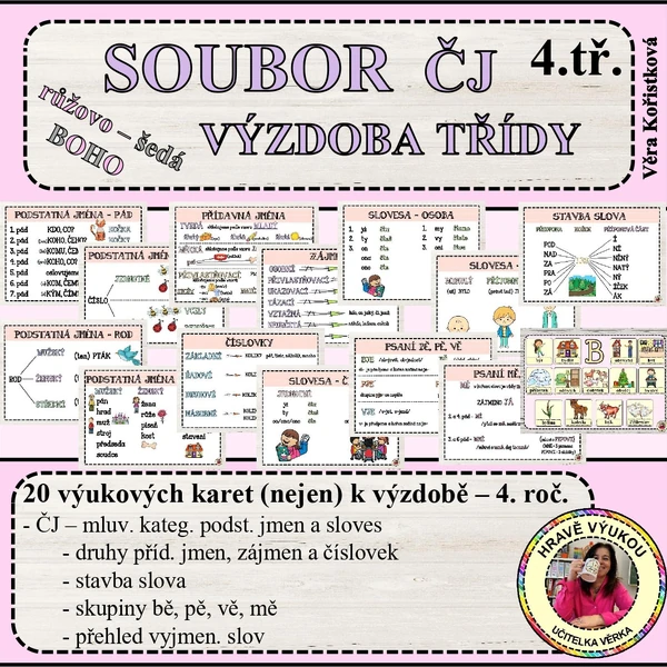 SOUBOR 20 VÝUKOVÝCH KARET ČJ (nejen) K VÝZDOBĚ TŘÍDY – 4. ročník (růžovo – šedá BOHO)