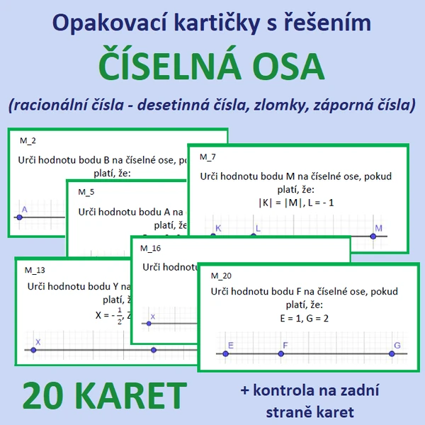 Opakovací kartičky s řešením – ČÍSELNÁ OSA (racionální čísla - desetinná čísla, zlomky, záporná čísla)