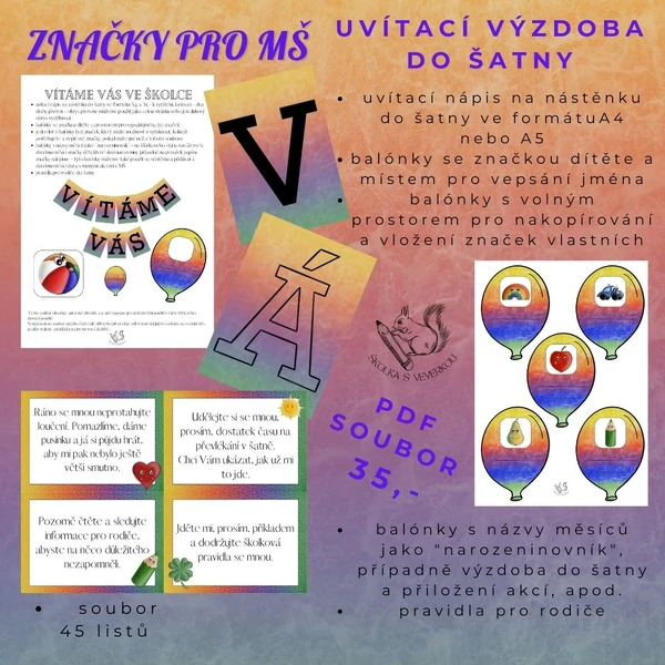 ZNAČKY PRO MŠ - uvítací výzdoba do šatny (duhová)