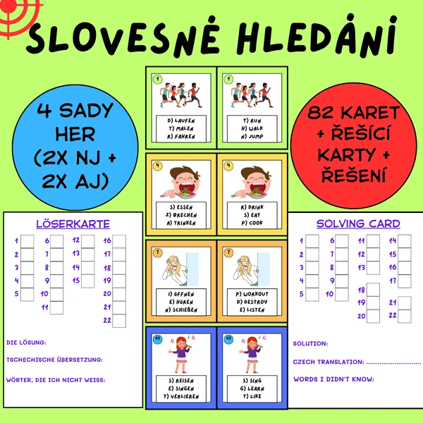 Slovesné hledačky v NJ i AJ - 4 sady hledaček