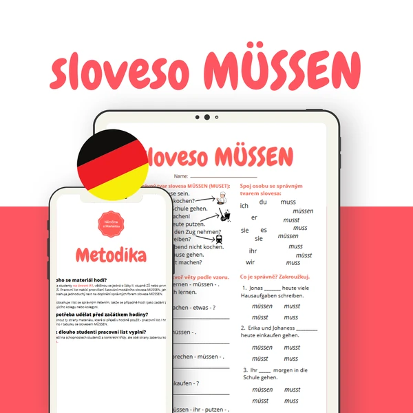 Sloveso MÜSSEN: pracovní list, doplňovačka textu a domino
