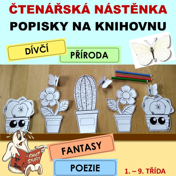 Čtenářská nástěnka, popisky na knihovnu