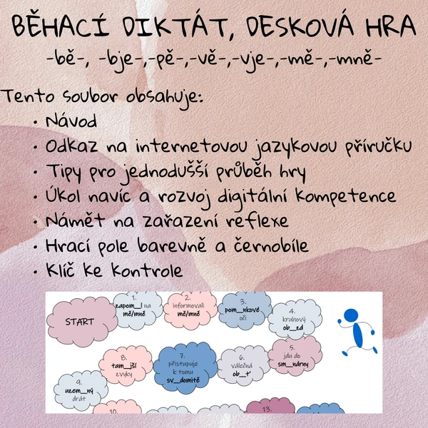 Běhací diktát a desková hra na procvičování psaní -bě-, -bje-,-pě-, ...