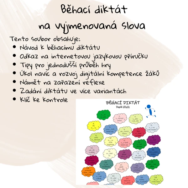 Běhací diktát - vyjmenovaná slova - vhodné pro žáky s SPU + úkol navíc