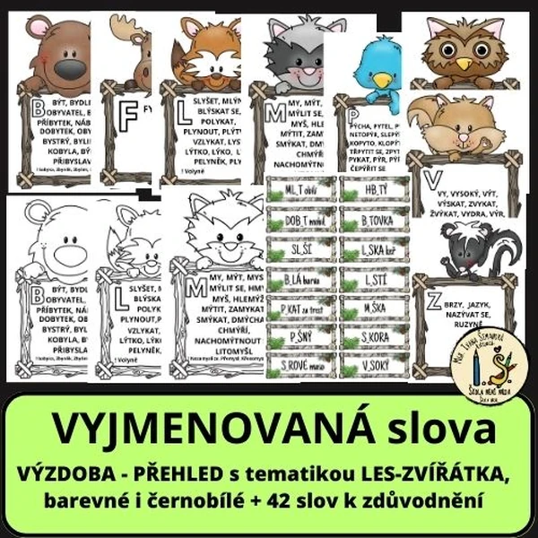 Vyjmenovaná slova - lesní zvířata - přehled+ kartičky