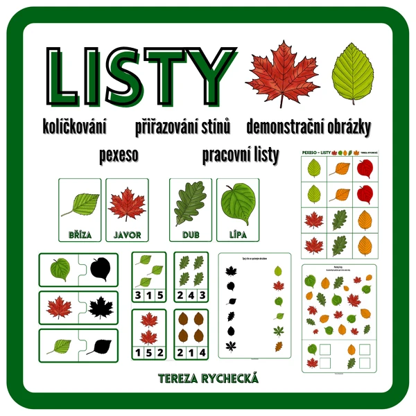 Listy - kolíčkování, přiřazování stínů, pexeso, demonstrační obrázky, pracovní listy