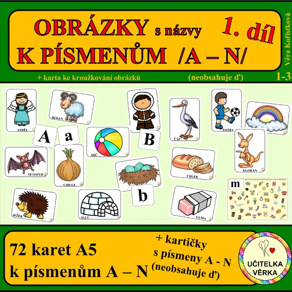 OBRÁZKY s názvy K PÍSMENŮM /A – N/ – 1. díl