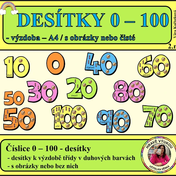 ČÍSLICE 0 – 100 – DESÍTKY – výzdoba A4 – barevná řada