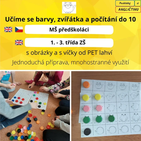 Colours, Pets, Counting - barvy, zvířátka, počítání do 10 s víčky od PET lahví