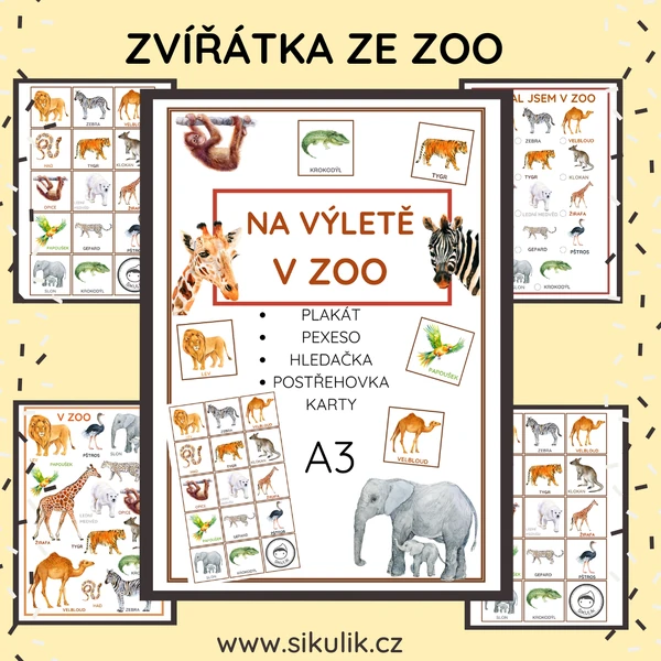 ZVÍŘÁTKA ZE ZOO plakát, pexeso, postřehovka, hledačka, karty A3