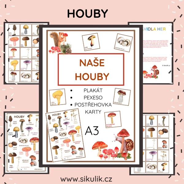 Houby plakát, pexeso, postřehovka, karty A3
