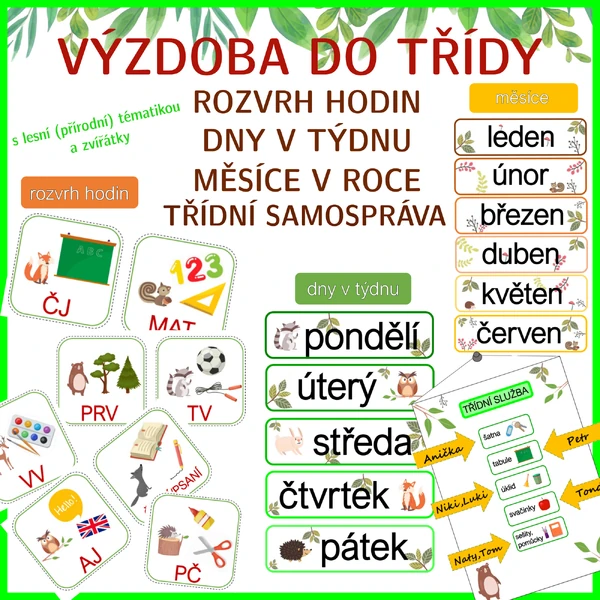Rozvrh hodin, dny v týdnu, měsíce, třídní služba