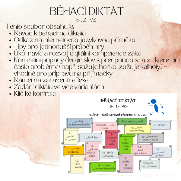 Běhací diktát - s, z, vz - vhodné pro žáky s SPU + příprava na přijímačky