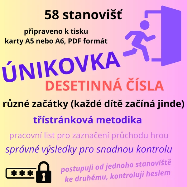 Cyklická úniková hra - DESETINNÁ ČÍSLA (různé začátky pro více dětí)
