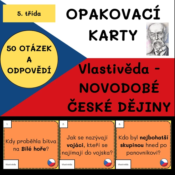 VLASTIVĚDNÉ OPAKOVACÍ KARTY - NOVODOBÉ ČESKÉ DĚJINY (50 OBOUSTRANNÝCH KARET)