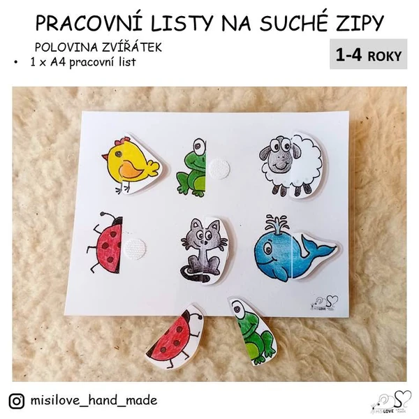 Pracovní list na suché zipy - POLOVINA ZVÍŘÁTEK