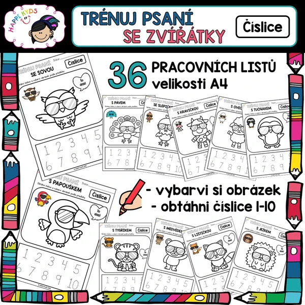Trénuj psaní se zvířátky -  OBTAHOVÁNÍ ČÍSLIC 1-10 - pracovní listy