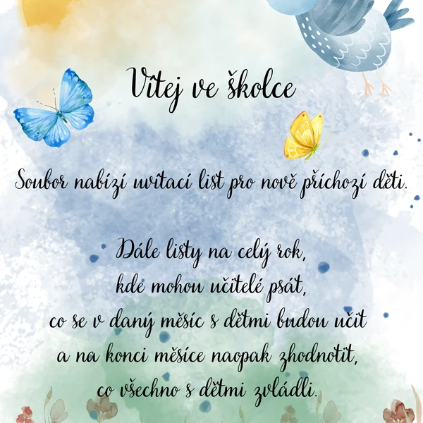 Vítej ve školce - uvítací list, listy na každý měsíc (budeme se učit/naučili jsme se)