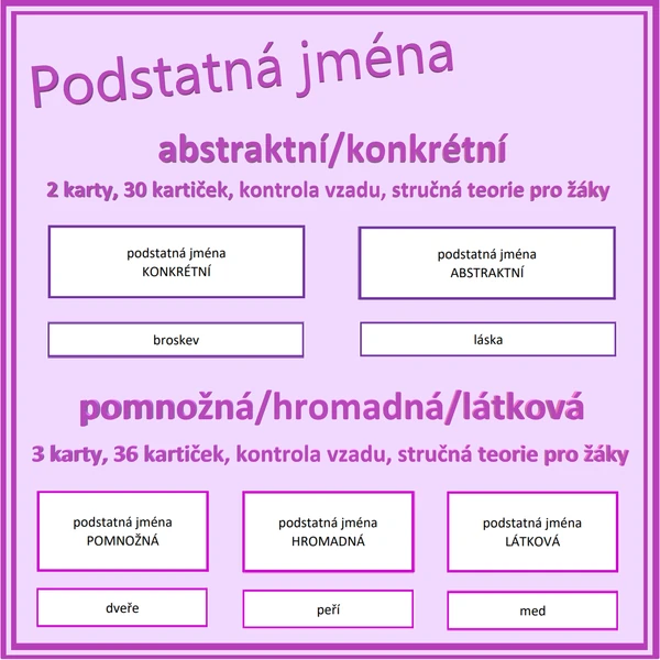 Podstatná jména - abstraktní/konkrétní, pomnožná/hromadná/látková (2 aktivity)
