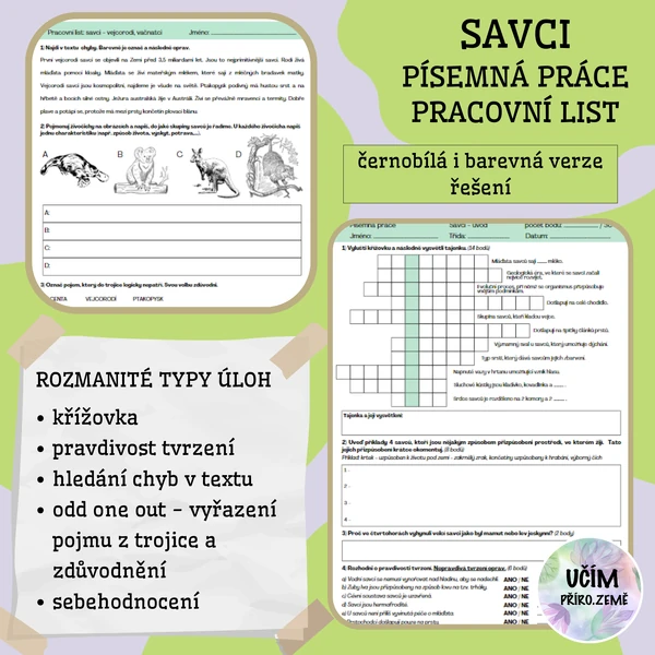 Savci - písemná práce, pracovní list