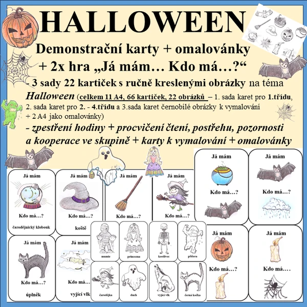 HALLOWEEN zábavně - 3 sady karet + omalovánky