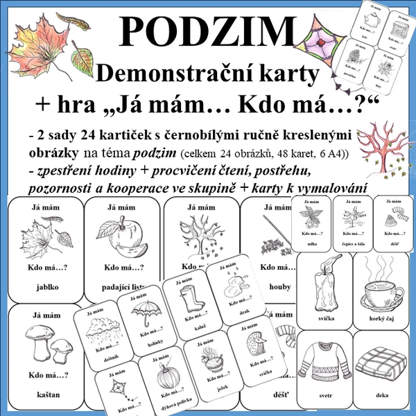 PODZIM - hra Já mám Kdo má + Demonstrační karty ČERNOBÍLE