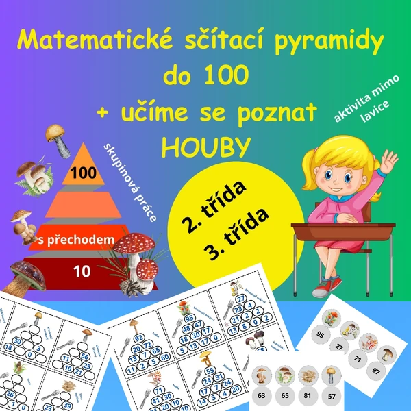 Matematické sčítací pyramidy do 100 + učíme se poznat HOUBY