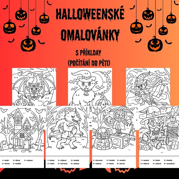 Halloweenské omalovánky s příklady (počítání do pěti)
