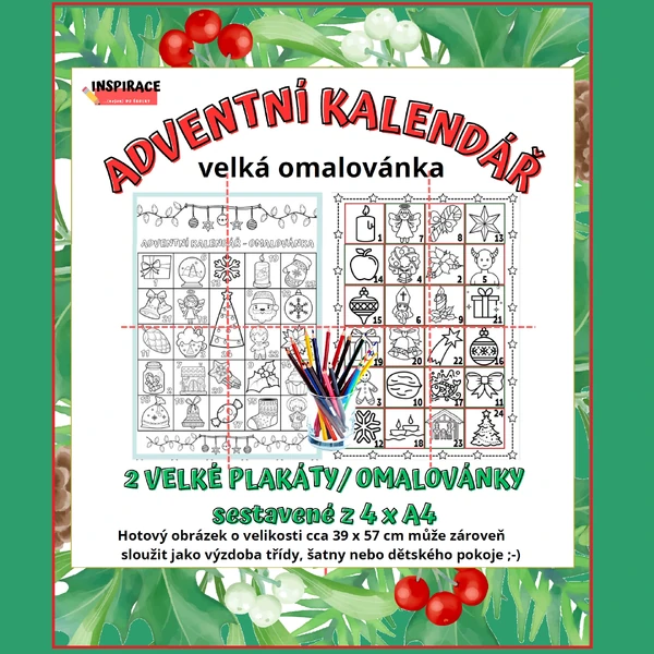 VELKÉ omalovánky / plakát ADVENTNÍ KALENDÁŘ (4xA4) 🎄🖍️ (VELKÁ omalovánka)