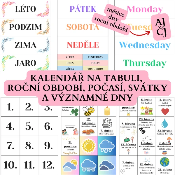 Kalendář na tabuli, roční období, počasí, svátky a významné dny
