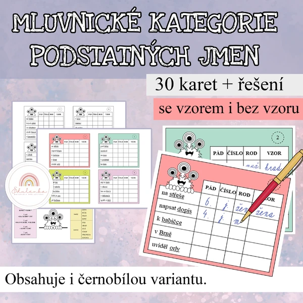 Mluvnické kategorie podstatných jmen - karty s příšerkou