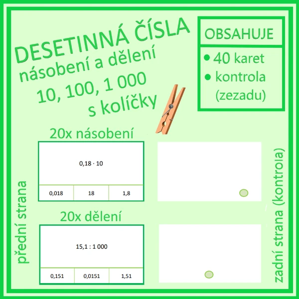 Desetinná čísla - násobení a dělení 10, 100, 1 000 s kolíčky