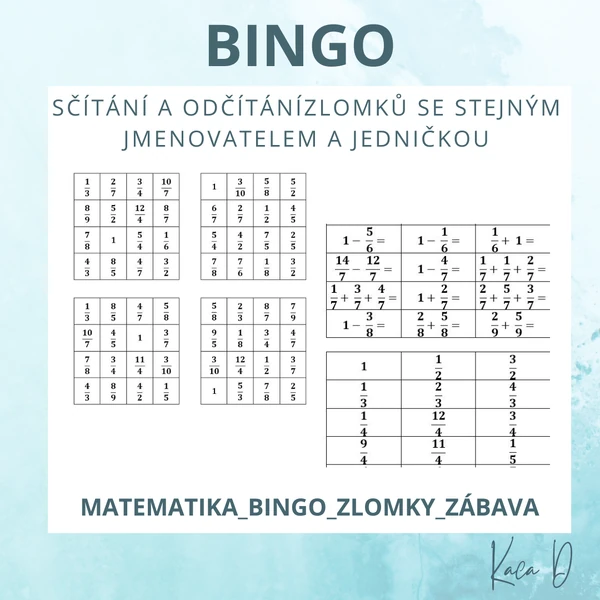 Bingo - zlomky - sčítání a odčítání zlomků se stejným jmenovatelem