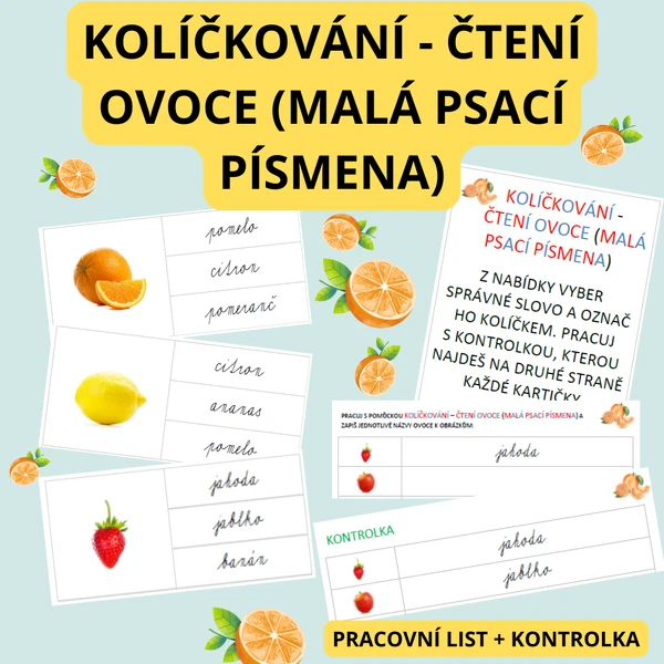 kolíčkování - čtení ovoce (malá psací písmena)