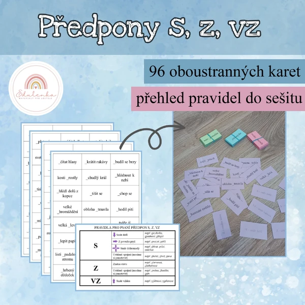 Předpony s, z a vz - procvičovací kartičky