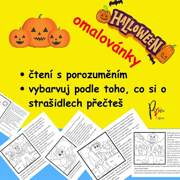 Halloweenské čtení s porozuměním s omalovánky.