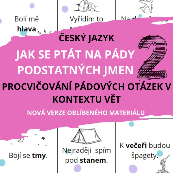 Jak se ptát na PÁDY PODSTATNÝCH JMEN 2 - karetní hra, kartičky s řešením - nová verze