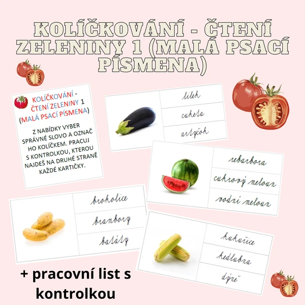kolíčkování - čtení zeleniny 1 (malá psací písmena)