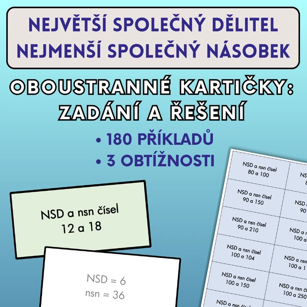 Největší společní dělitel, nejmenší společný násobek - oboustranné kartičky