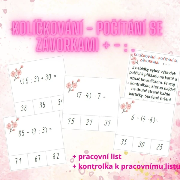 kolíčkování - počítání se závorkami - sčítání, odčítání, násobení a dělení