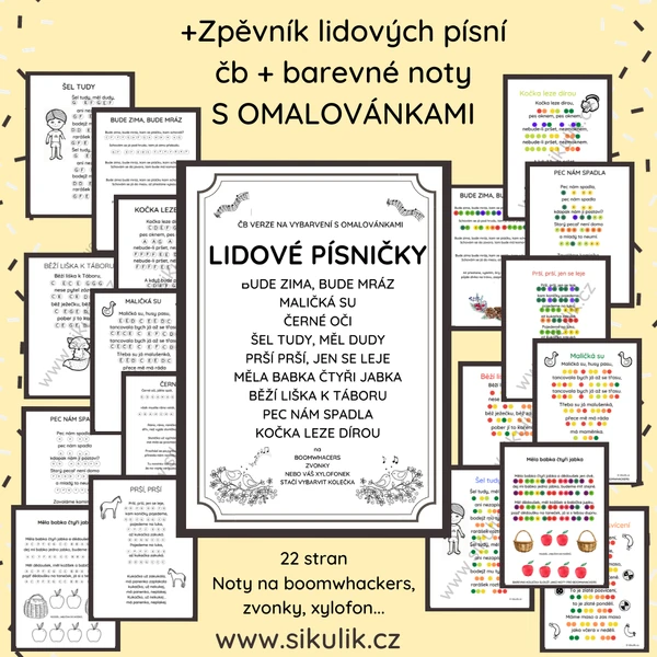 Zpěvník lidových písní + Noty na boomwhackers, zvonky, xylofon k vybarvení s omalovánkami