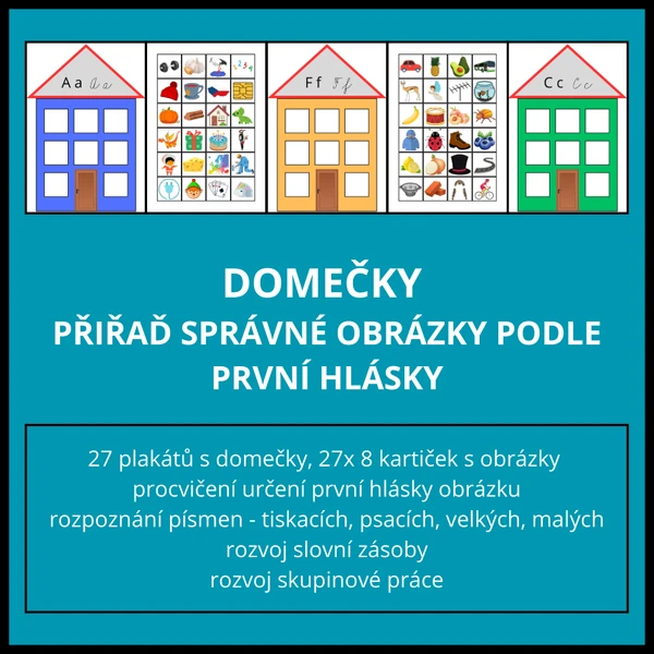 Domečky - přiřaď správné obrázky podle první hlásky