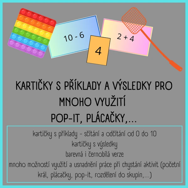 Kartičky s příklady a s výsledky pro mnohé využití - plácačky, pop-it,...